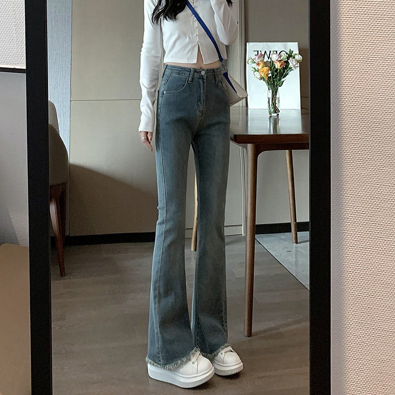 韩版复古高腰毛边微喇裤女2024春夏季新款弹力修身显瘦喇叭牛仔裤
