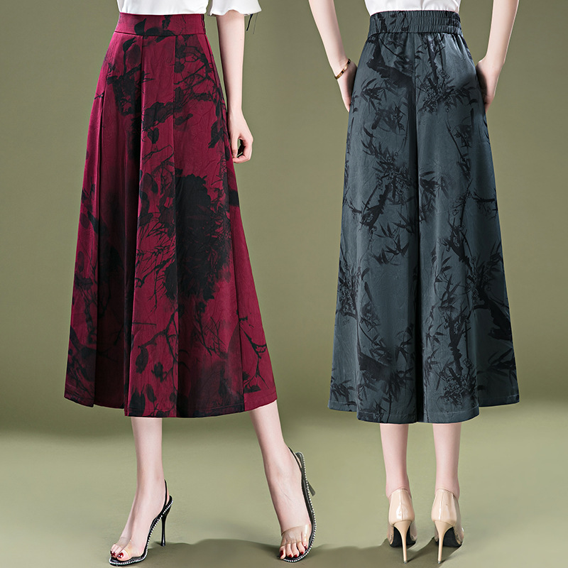 Printed wide-leg pants for women in summer, thin high-waisted ice silk pants for middle-aged and elderly mothers, large size, drape, casual eight-inch culottes details Picture