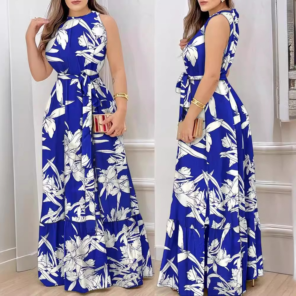 Cross-border 2025 Amazon eaby European and American Summer New halter-neck lace-up printed ruffled dress for women details Picture
