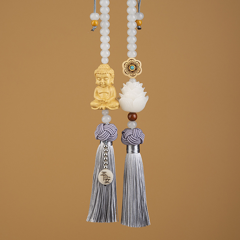 Car pendants, Bodhi seed lotus rearview mirror ornaments, interior safety decorations, pendants, boxwood Buddha ornaments, national trend Specification image