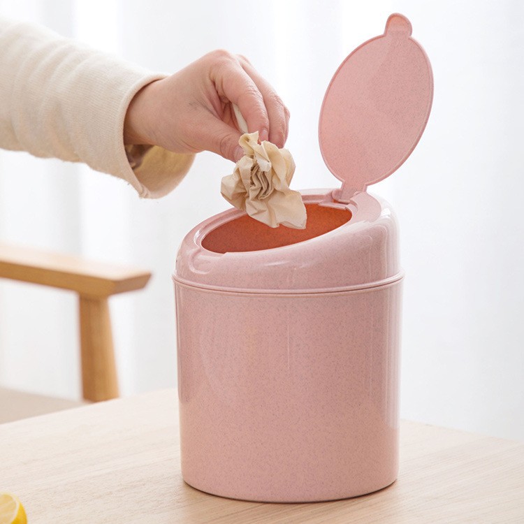 Mini covered storage bucket, small wastebasket, household coffee table, garbage bin, flip lid desktop trash can details Picture