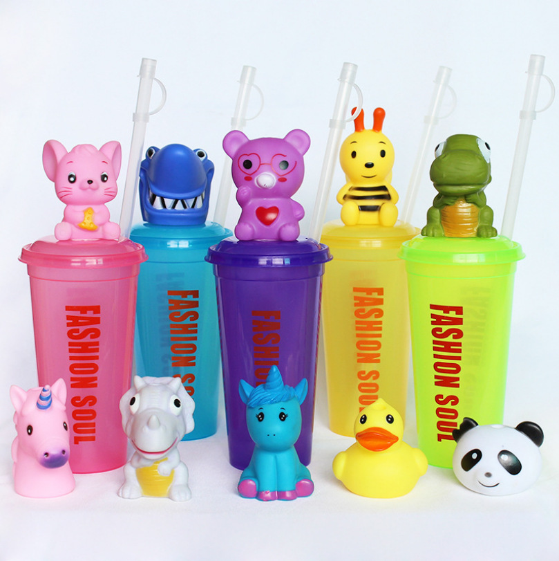 Ins Creative Cute Cartoon Fruit Straight Drink Straw Water Cup Animal Head Space Juice Bottle Can Print Logo Application Scenario