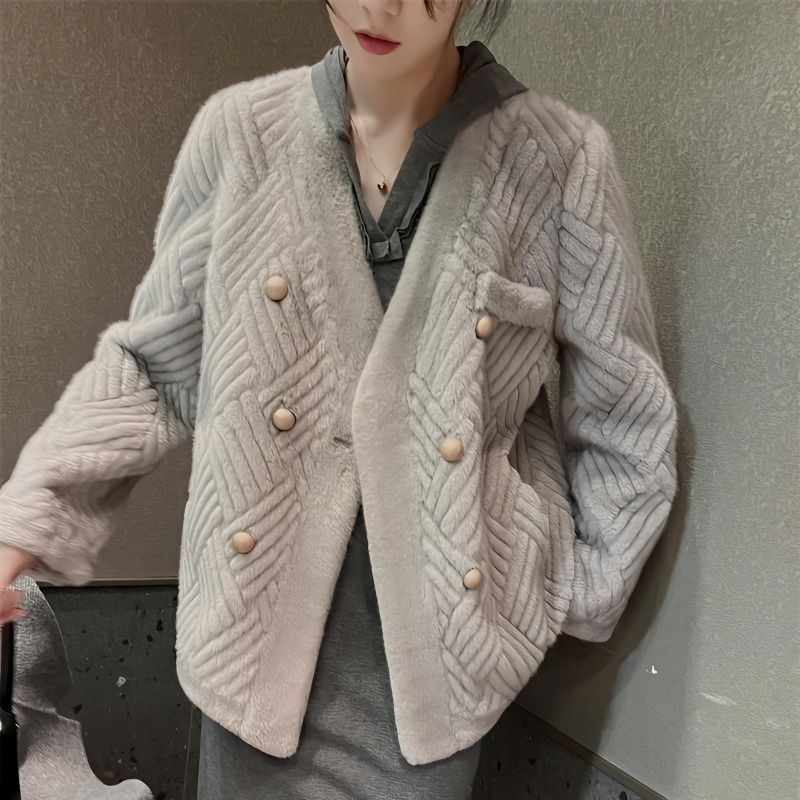 Autumn imitation mink coat environmental fur V-neck fur one coat double breasted coat medium length 2023 explosive thumbnail