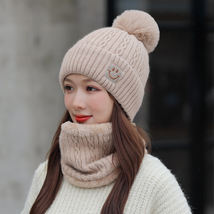 新款毛球针织帽女秋冬季休闲可爱加厚绒保暖帽刺绣花笑脸毛线帽子