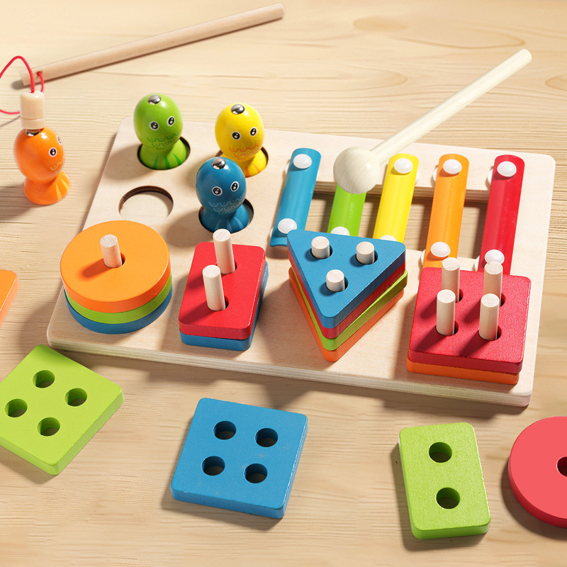 A new type of fishing trap column three-in-one geometric shape column set is a wooden toy for early education of boys and girls in kindergartens