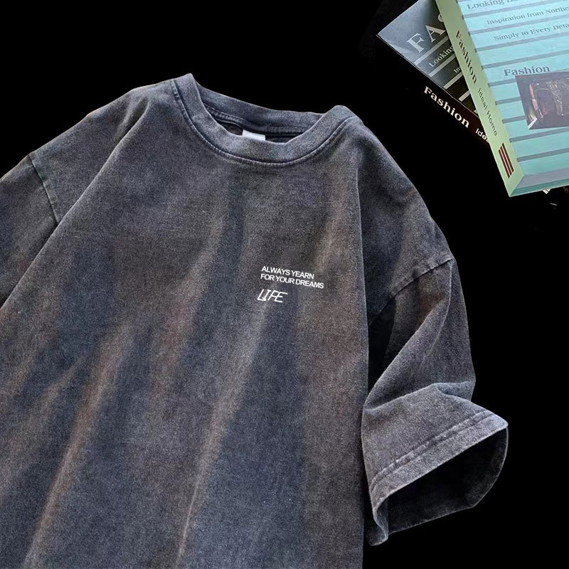 The same style of washed and aged heavy pure cotton American retro short-sleeved T-shirt for men, summer loose T-shirt, Hong Kong style trendy Instagram Specification image