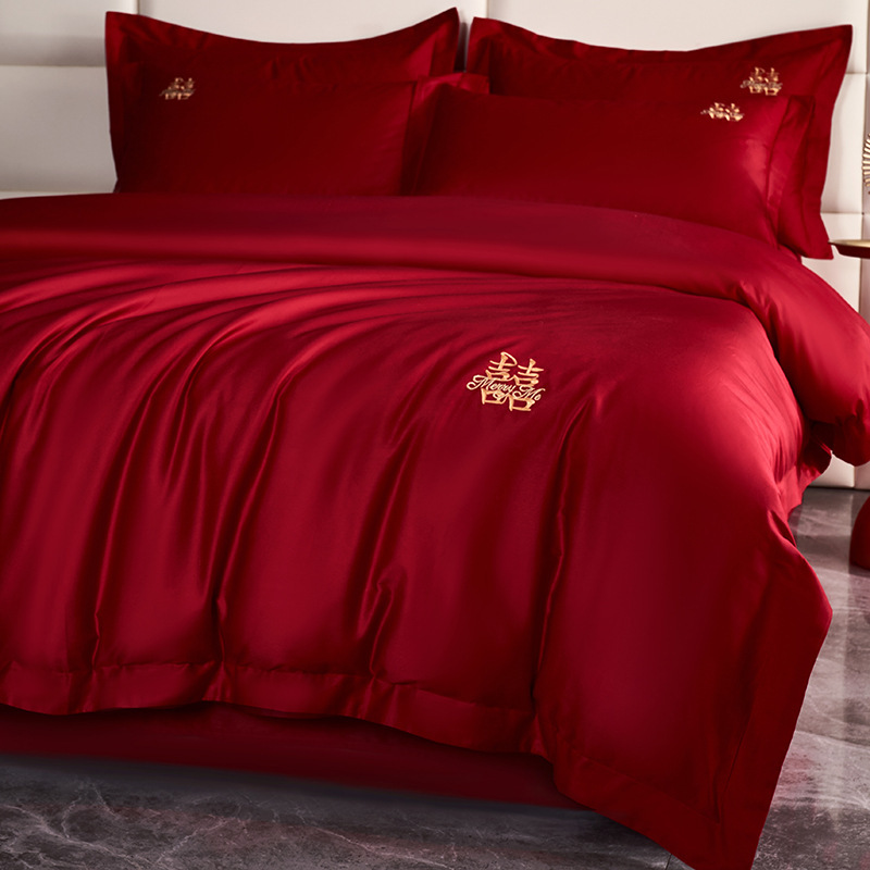 Red Wolf high-end pure cotton wedding four-piece set, simple long-staple cotton Big Red wedding multi-piece set bedding wholesale details Picture