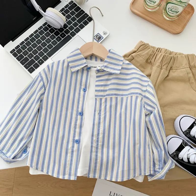 Boys' shirt 2024 Stylish spring and autumn striped long-sleeved shirt for children, Korean-style casual top for kids, thin and trendy details Picture