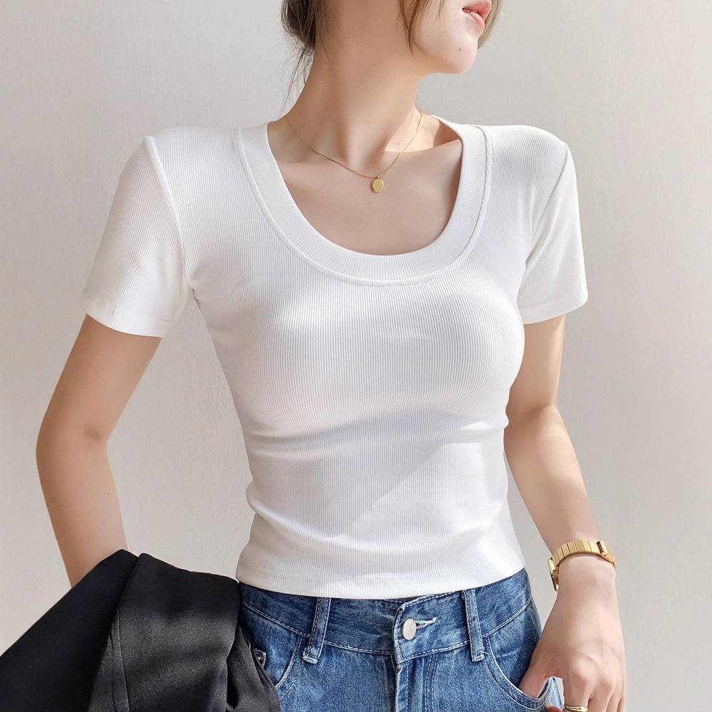 Straight-shoulder short-sleeved T-shirt for women, short style 2025 summer, slimming and flattering, revealing collarbone, pure cotton T-shirt with threaded inner layer details Picture