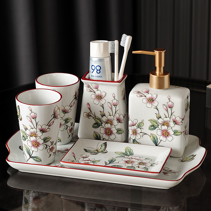 6Ga American Clean Fresh Air Ceramic Bathroom Mouthwash Cup Set Five-Piece Set Six-Piece Chinese Bathroom Brushing Cup details Picture