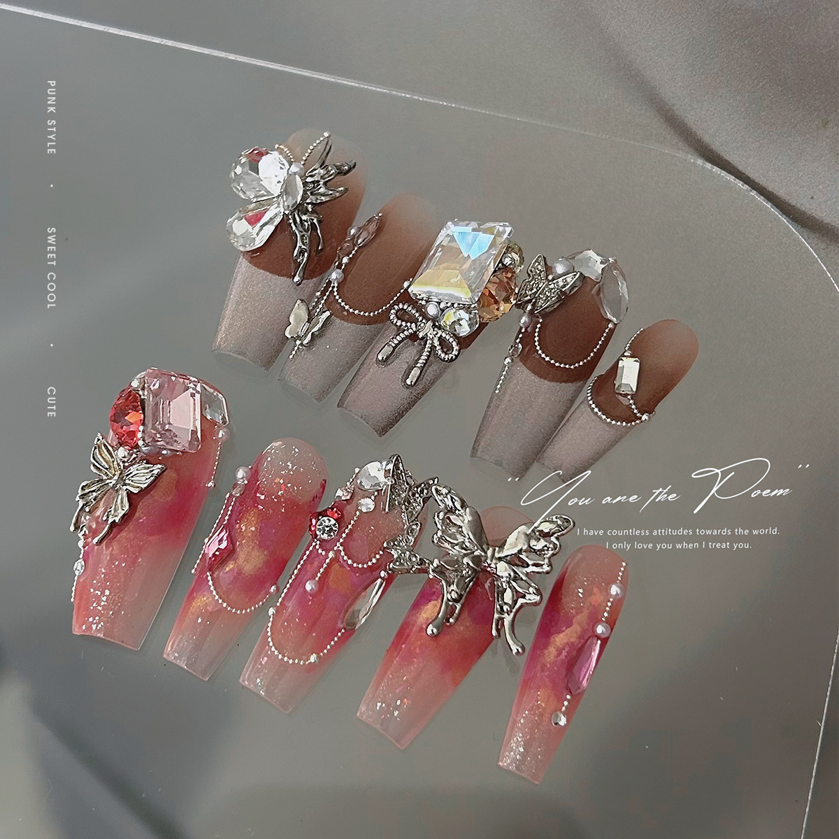 Wholesale of y2k liquid silver alloy butterfly wing hollowed-out mini bow tie nail accessories Item Picture