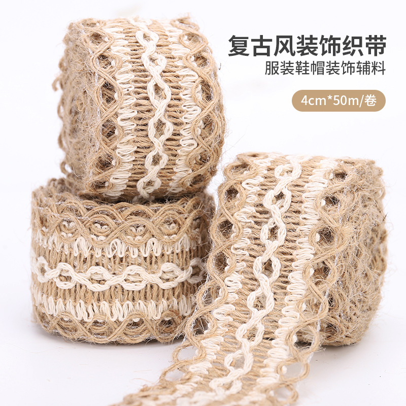 DIY handmade Christmas and wedding craft decoration in stock, wide linen woven tape, 4 cm wide woven linen rope, cross-border