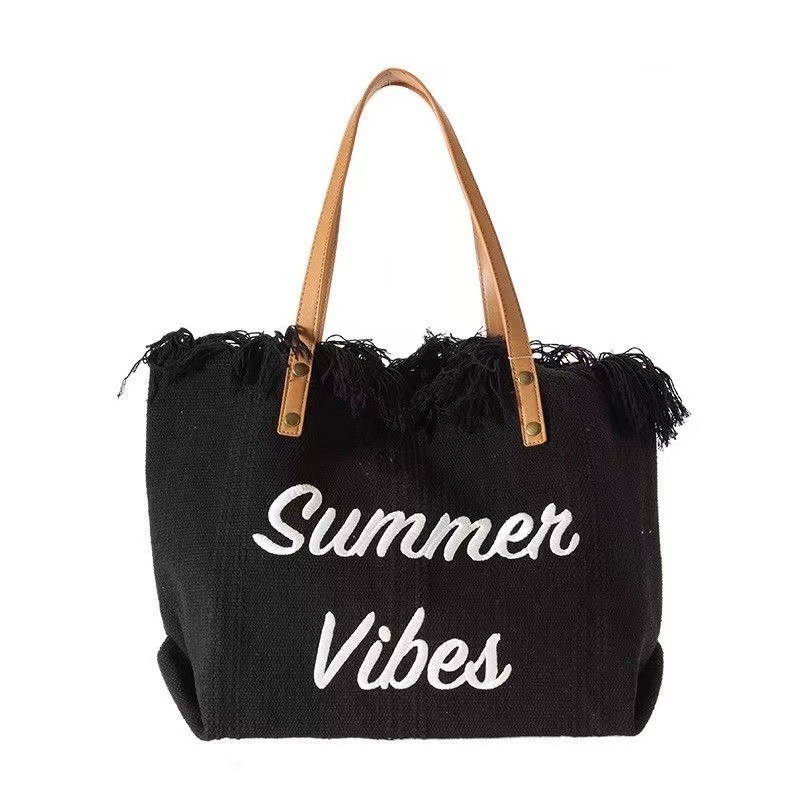 Women's large-capacity canvas bag, 2024 new style beach bag, single-shoulder hand-held tote bag, versatile fringed mommy bag Item Picture