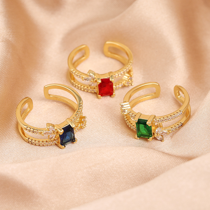 外贸欧美时尚个性彩色长方铜微镶锆石气质双层时尚开口个性戒指女