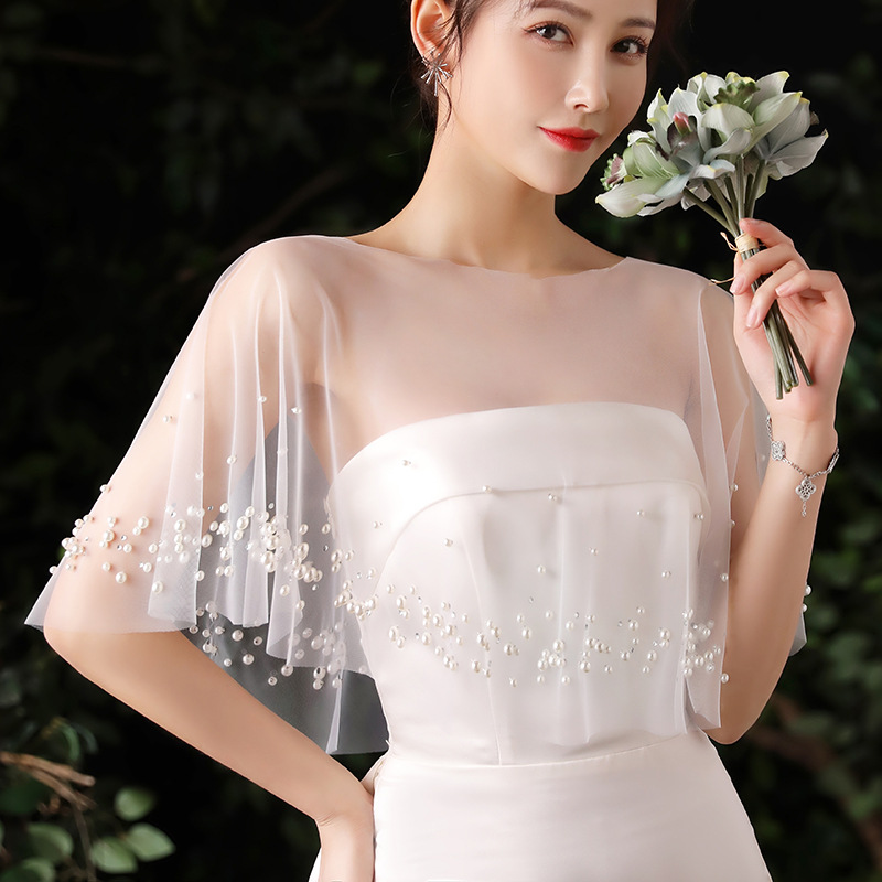 Bride Dress Shawl Wedding Hand-Made Pearl Float Yarn Cloak Wedding Studio Photo Registration Photo Props Woman Specification drawing