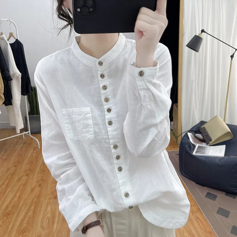 Stand-up collar pure cotton long-sleeved shirt for women, spring Korean artistic retro top, commuter base layer, loose shirt Application Scenario
