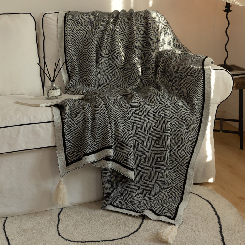 黑白几何针织沙发毯办公室午睡毯子空调盖毯轻奢高级北欧ins风