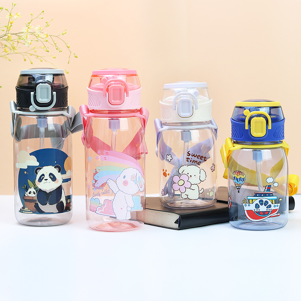 Factory-customized cute cartoon children's plastic cups, duckbill straw cups, portable straps, portable cups, cross-border water cups Specification image