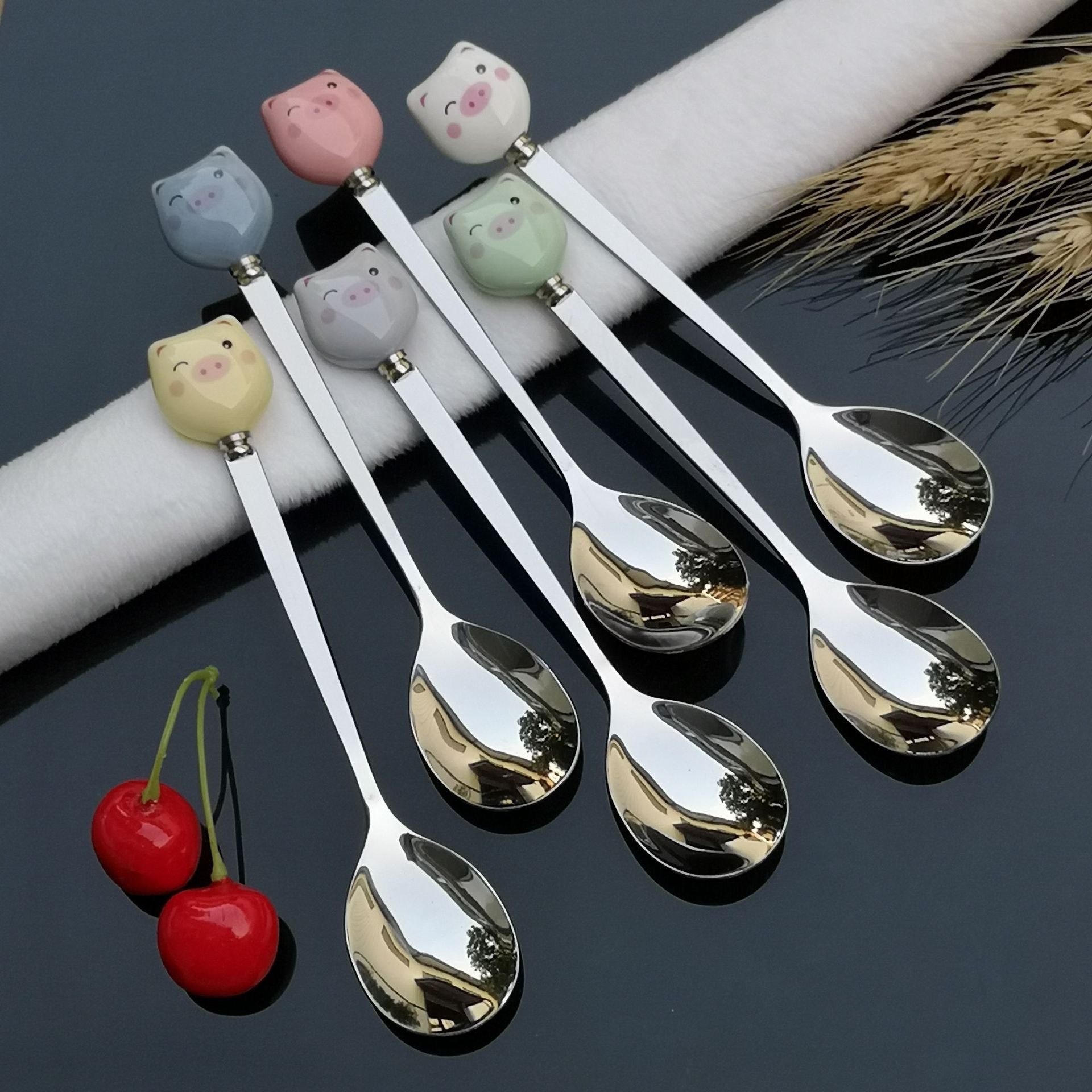 Ceramic Handle Stainless Steel Spoon High Appearance Level Creative Cartoon Children's Watermelon Scoop Home Coffee Ice Cream Ice Cream Scoop details Picture