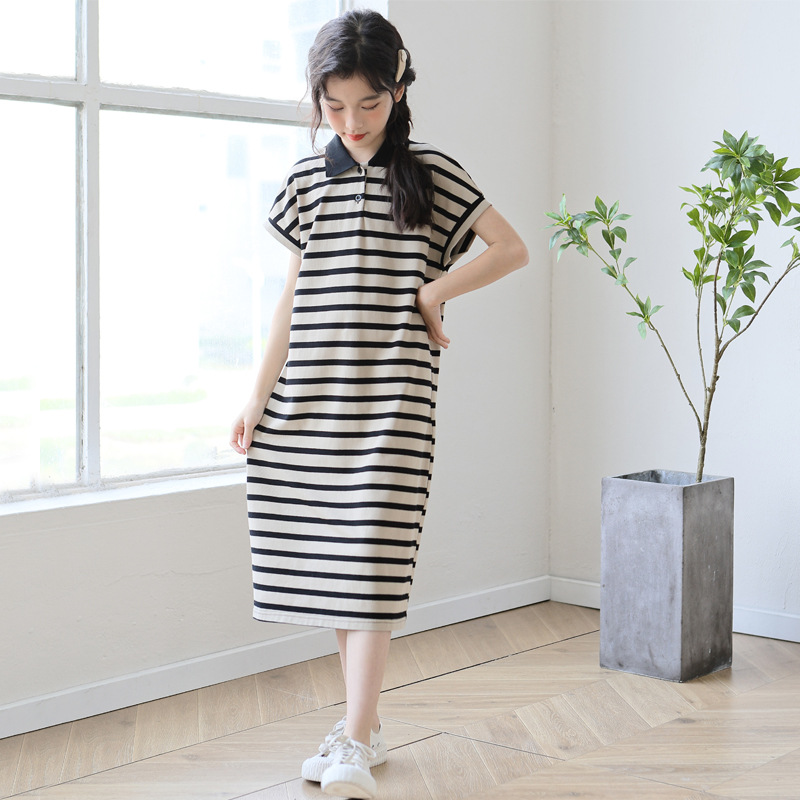 Girls' dress 2024 Summer New POLO collar dress, casual long dress for children, parent-child dress Specification image