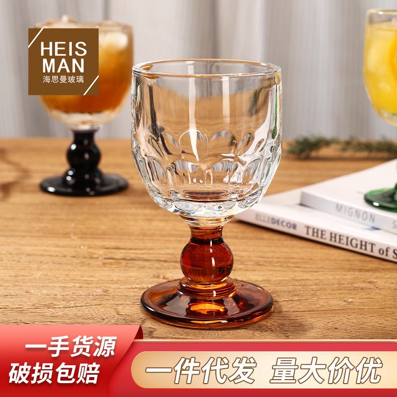 海思曼复古彩珠果酒杯中古高脚杯透明小酒杯冷饮酒杯红酒杯批发