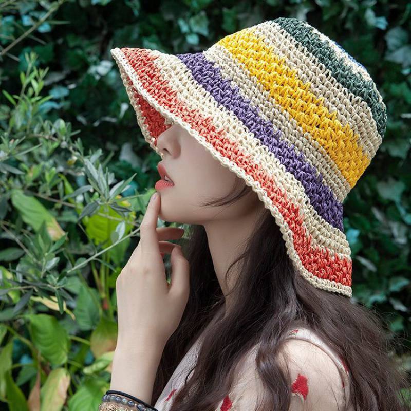 Colorful striped sun hat Hand-woven straw hat Women's summer vacation beach sun hat