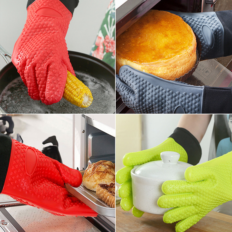 Cross-border silicone gloves Five fingers plus cotton long gloves Kitchen oven microwave oven heat insulation baking oven gloves details Picture