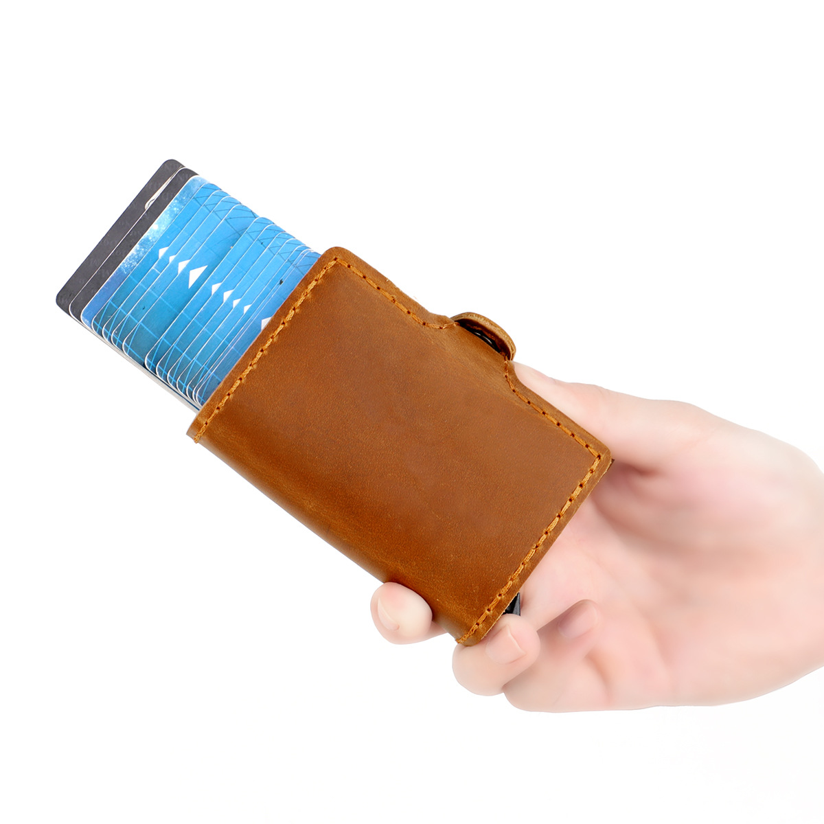 Crazy Horse Leather Aluminum Box Double-Layer Card Bag Anti-Theft Brush Automatic Pop-Up Card Bag Creative Manual Dollar Clip Real Pickup Sleeve details Picture
