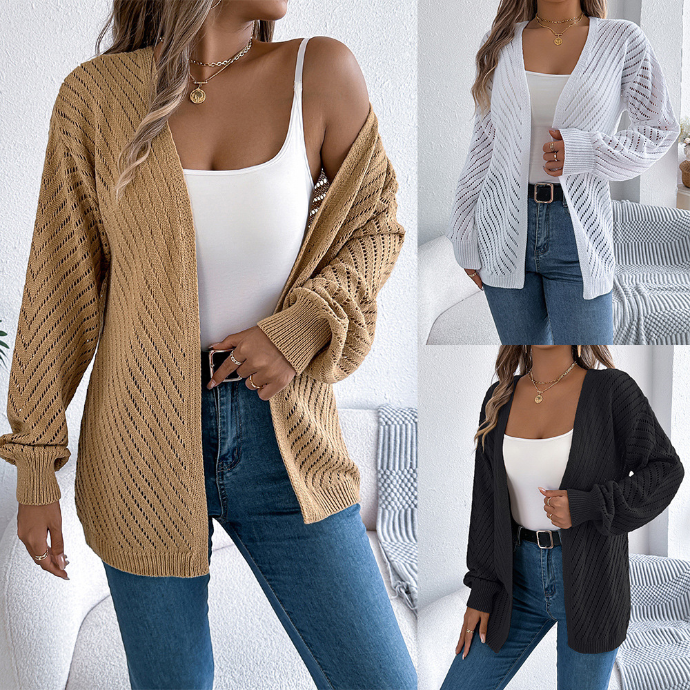 Ins-style real photos of autumn and winter European and American casual solid-color hollowed-out long-sleeved cardigan sweater coat, independent station cross-border women's clothing