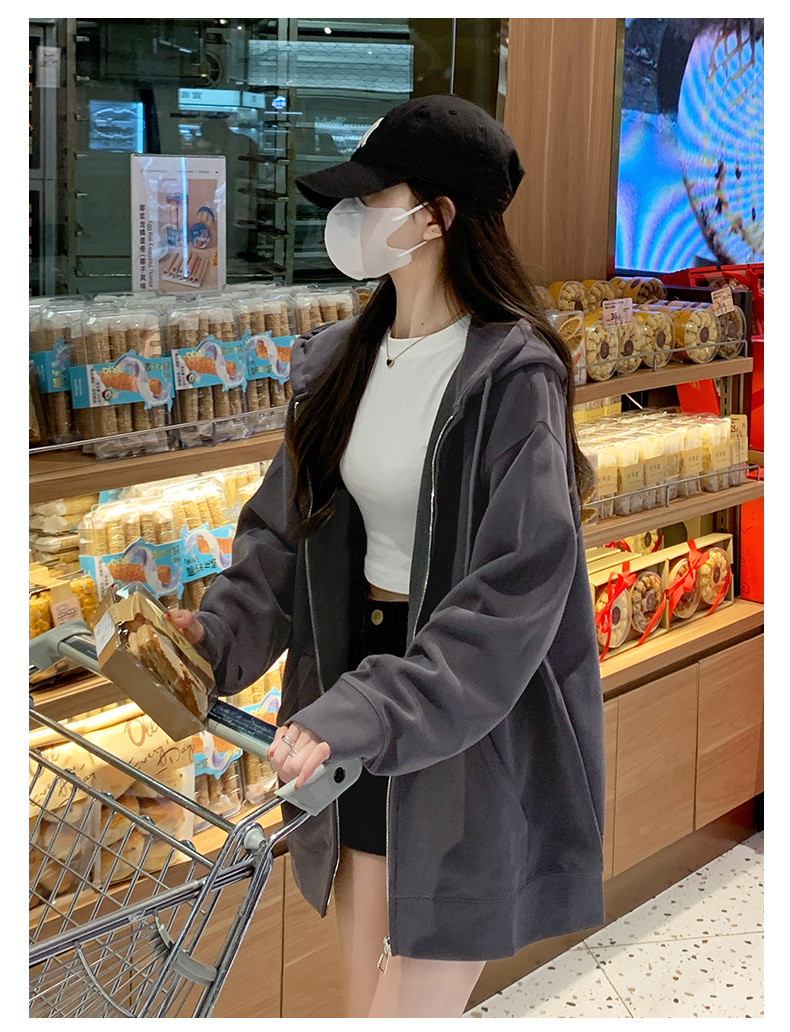 山东即墨卫衣外套女早秋冬季新款慵懒风连帽拉链开衫外套休闲上衣详情23