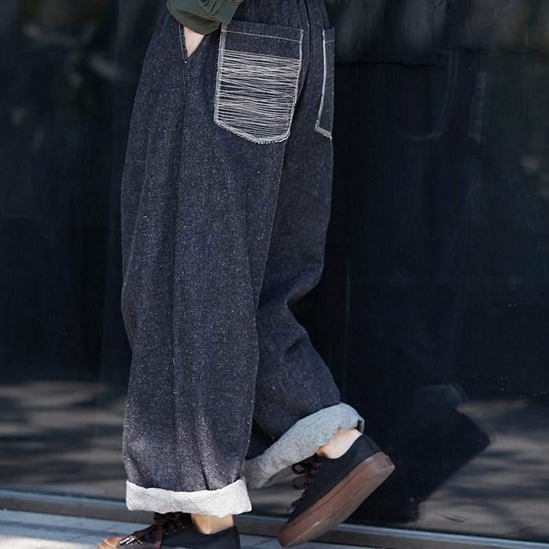 Three-season black linen cotton elastic waist classic women's casual straight-leg jeans, retro loose, autumn and winter casual details Picture