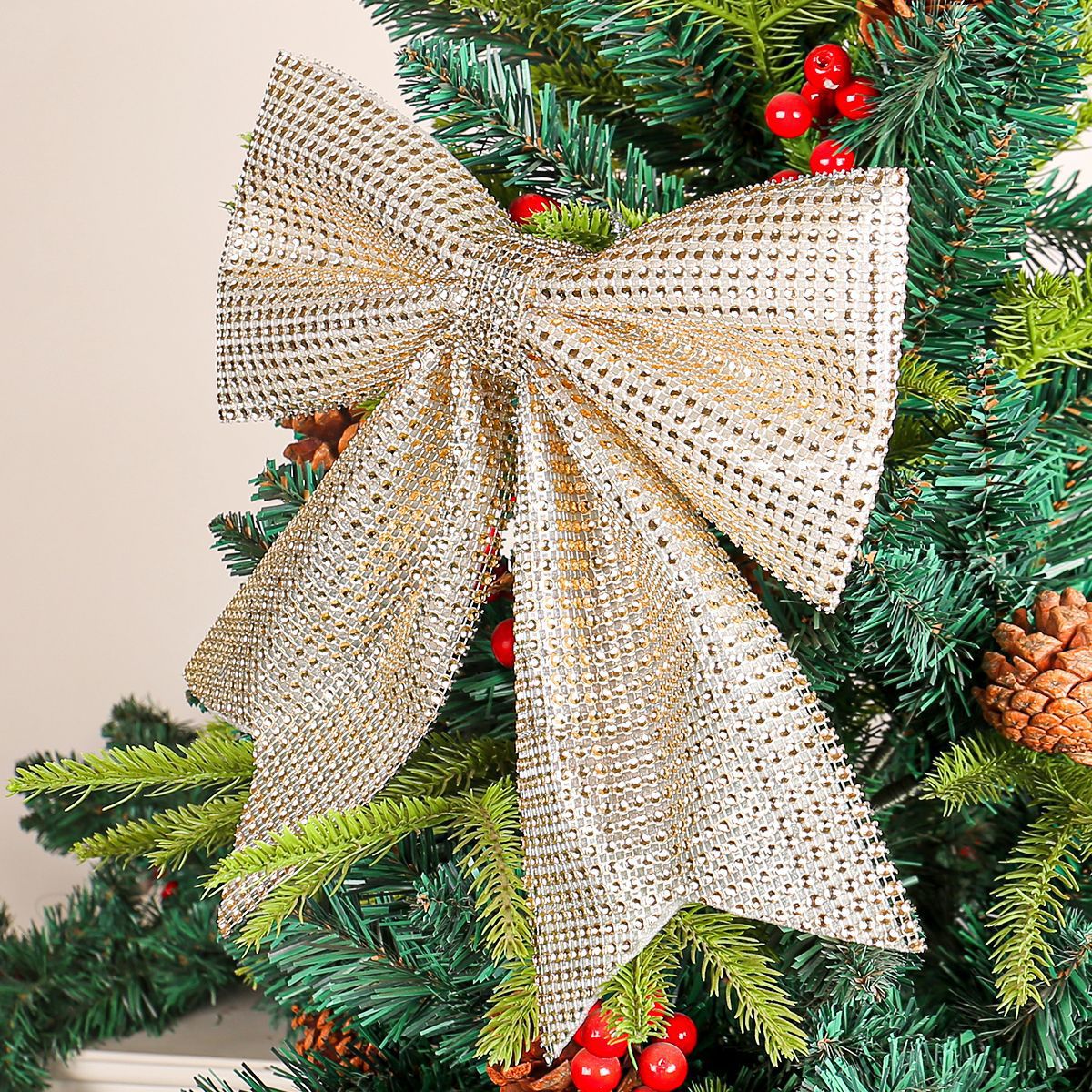 跨境圣诞闪钻蝴蝶结挂件节日橱窗圣诞树装饰大蝴蝶结布置配件批发