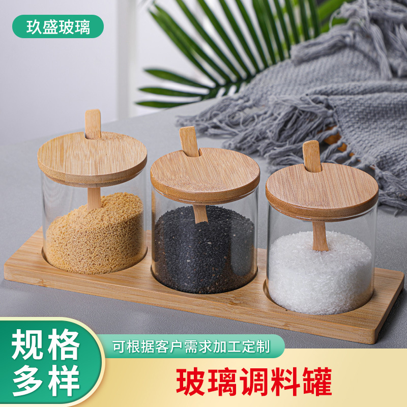玻璃调料罐高硼硅竹盖厂家批发厨房专用木勺玻璃调料罐国潮