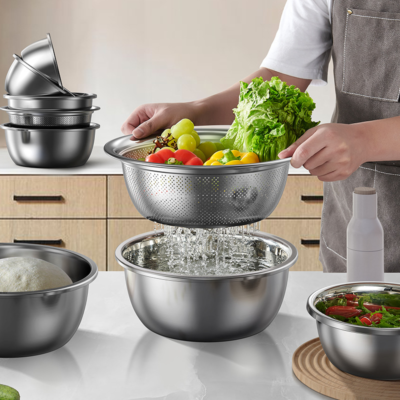 Stainless Steel Basin Large Thickened Whisk And Noodle Washing Basin Drain Basket Drain Soup Basin Kitchen Household Food Grade
