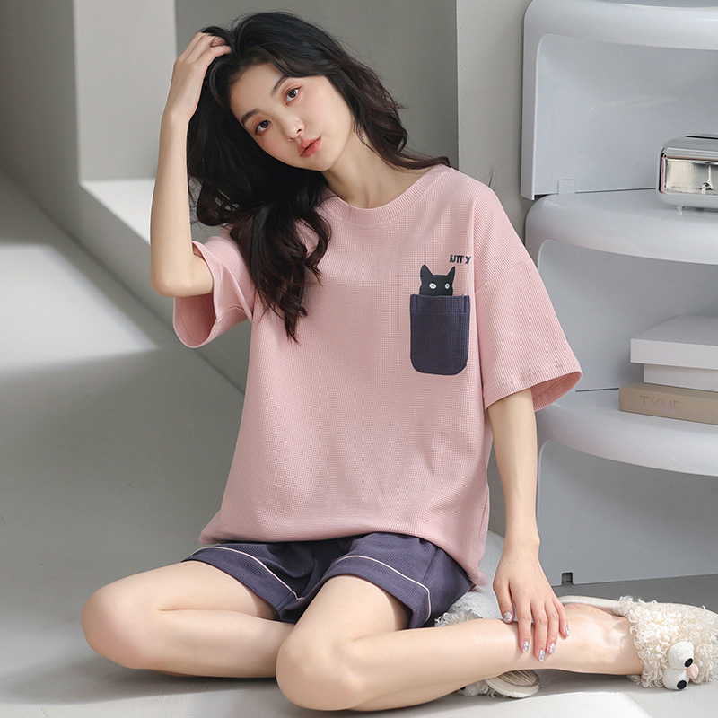 Wholesale of new summer pure cotton waffle short sleeves and shorts, all-cotton, high-end home wear sets that can be worn outside details Picture