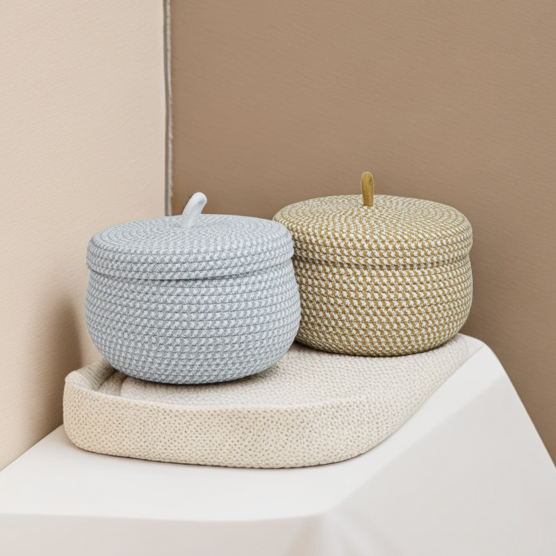 Desktop Storage Basket With Cover Dustproof Cosmetics Snacks Sundry Round Storage Basket Handmade Cotton Rope Woven Egg Basket