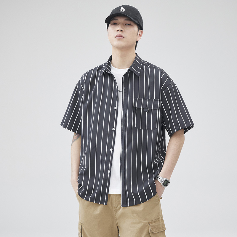 Striped short-sleeved shirts for men, thin and loose summer style, Hong Kong style, American high street, student casual and versatile cardigan shirt trend
