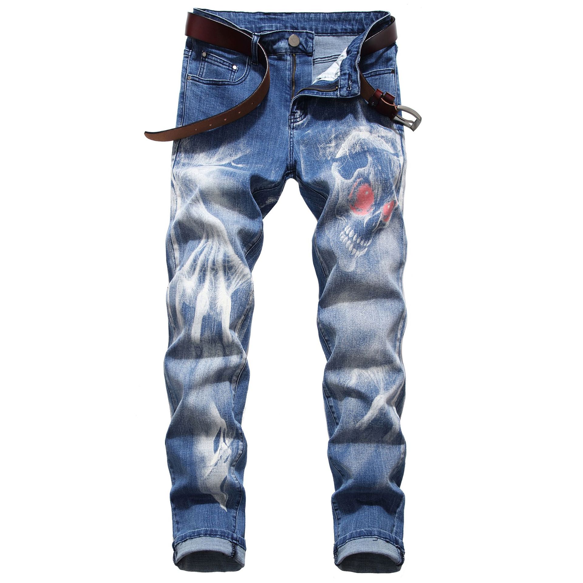 Cross-border men's 3D printed stretch jeans with personalized patterns, trendy and casual men's slimming denim trousers