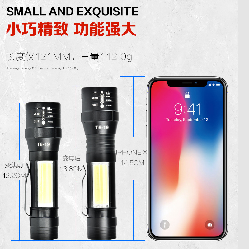 Usb Charging With Side Light Pen Clamp Flashlight T6 Stretch Zoom Aluminum Alloy Led Waterproof Adjustable Range details Picture