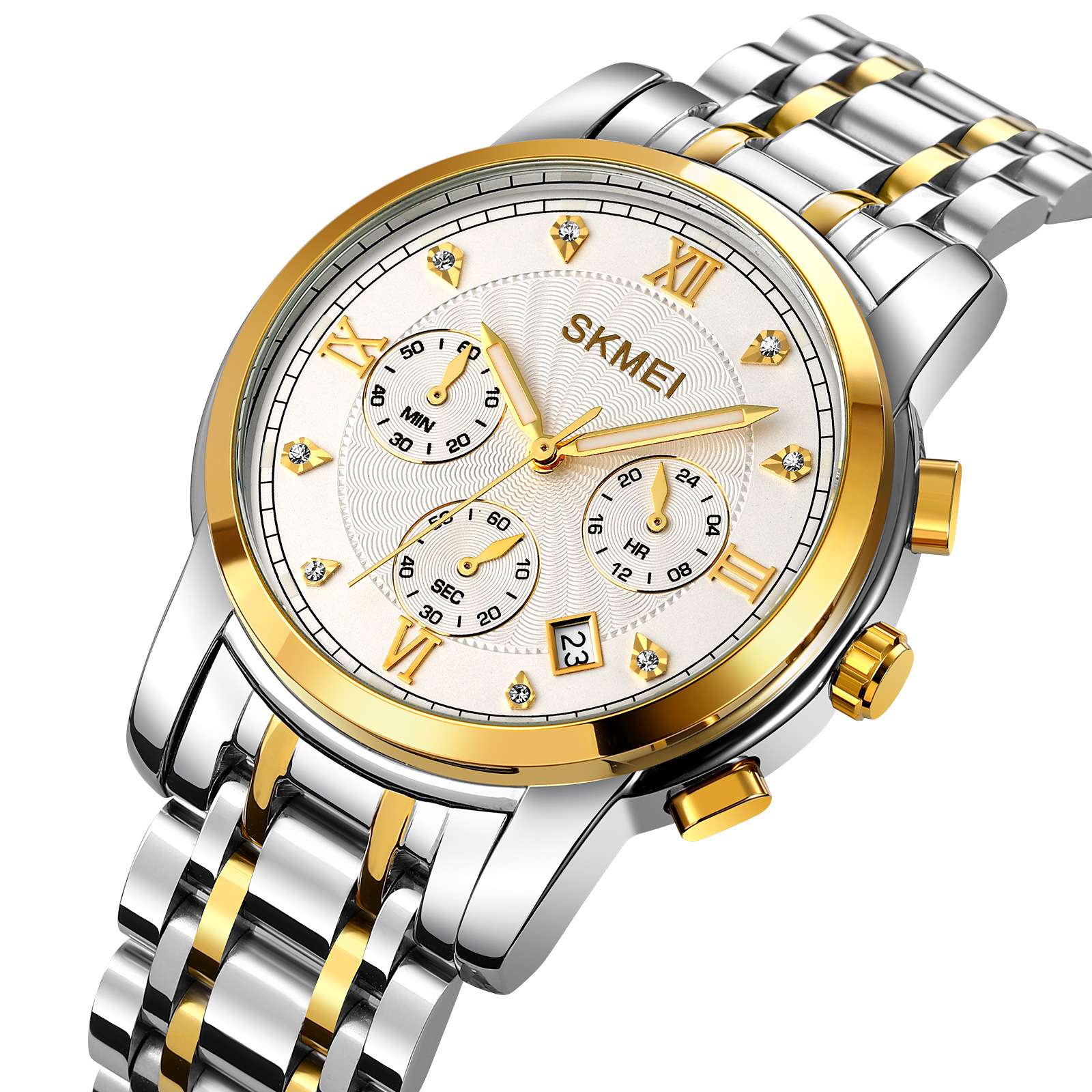 Shike Mei six-hand multi-functional minute and second chronograph men's watch with solid steel band and simple diamond-encrusted men's wristwatch Item Picture