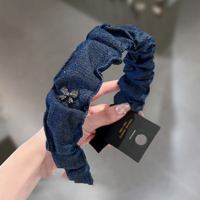 High-end blue denim wide-edge headband, simple Hong Kong-style pressure headband for women, 2025 new pleated denim headwear