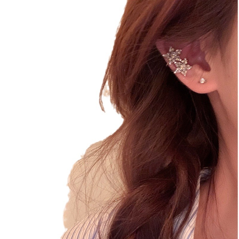 Zirconium double Star ear clip without ear holes, unique, exquisite and high-end, light luxury style, ear bone clip earrings for women Item Picture