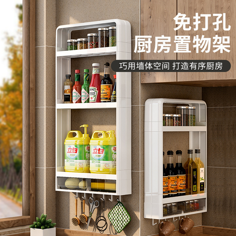 Multi-layered and multi-functional kitchen storage rack, wall-mounted seasoning storage rack without drilling Application Scenario