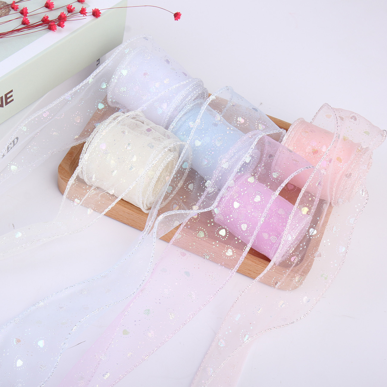 In stock: 5cm four-point seven-color heart-shaped embroidered ribbon bow shoes, floral craft accessories, fishtail yarn Specification image