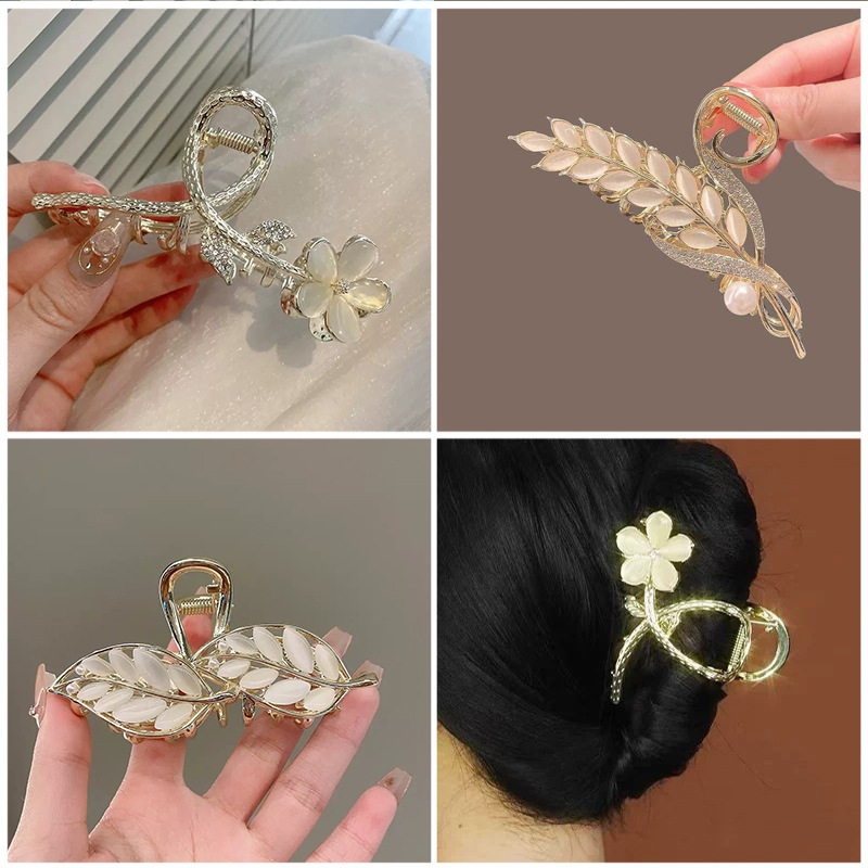 2023 New Opal Wheatclaw Hairpin Female Shark Clip Light Luxury Leaf Leaf Clip Temperament Retro