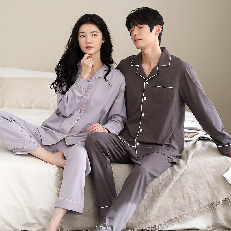情侣睡衣春秋季简约纯色翻领开衫长袖套装男女睡衣纯棉情侣家居服