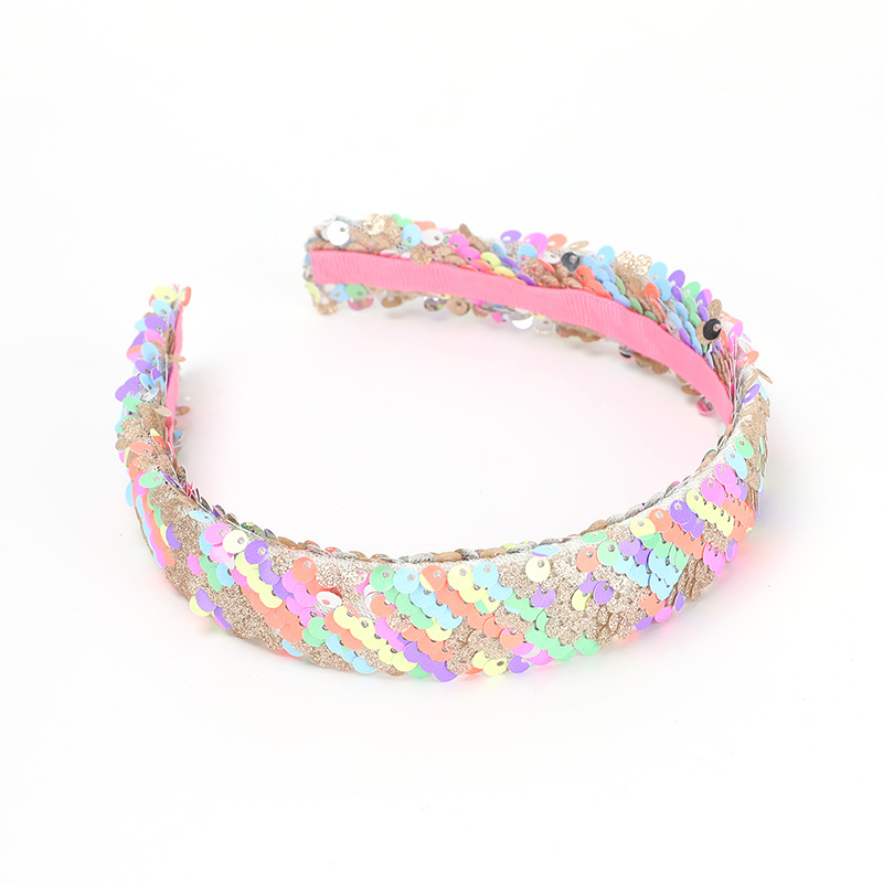 Qiwei Accessories' exclusive new rainbow-colored double-sided sequined sponge hair band for spring and summer export headband with geometric elements Item Picture