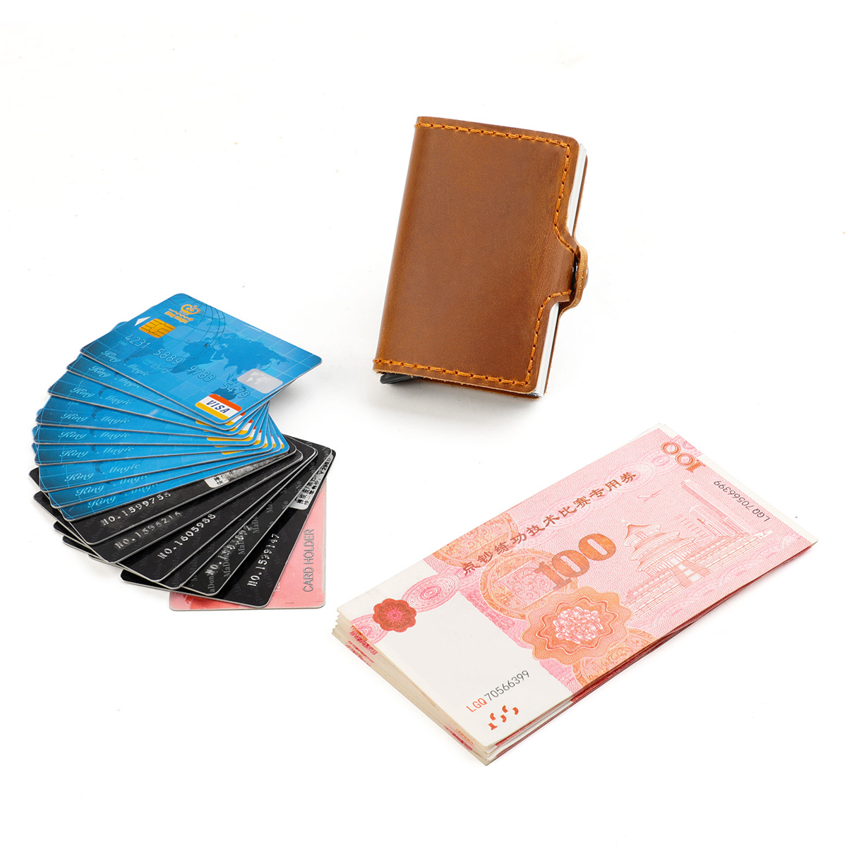 Crazy Horse Leather Aluminum Box Double-Layer Card Bag Anti-Theft Brush Automatic Pop-Up Card Bag Creative Manual Dollar Clip Real Pickup Sleeve Specification drawing