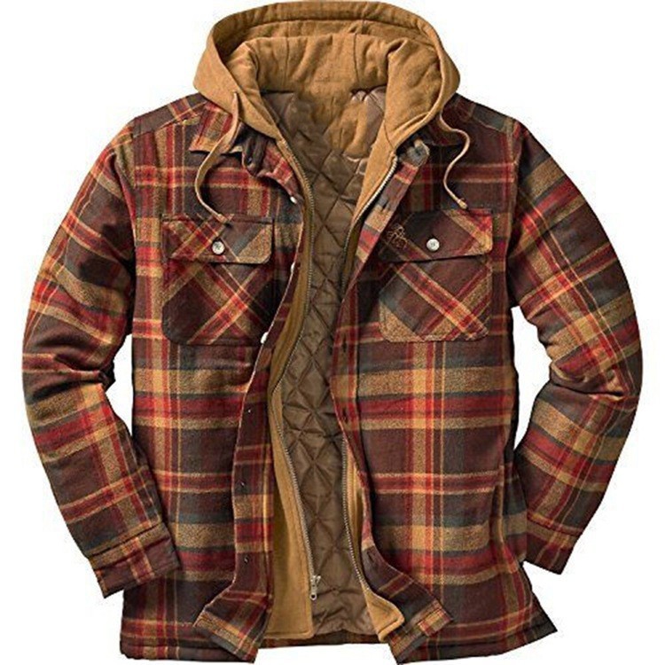 This is a popular men's clothing for autumn and winter in Europe and America, featuring a thick cotton-padded jacket with a checkered pattern, long sleeves and a loose hooded jacket