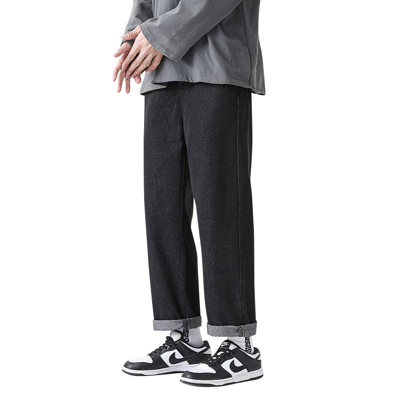 High street jeans for men with rolled-up edges for Spring/Autumn 2024, trendy loose wide-leg pants for students, retro trendy casual pants Item Picture